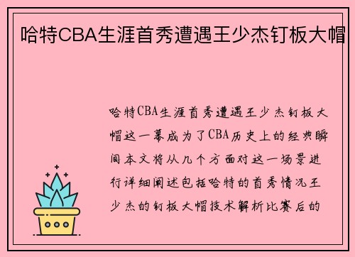 哈特CBA生涯首秀遭遇王少杰钉板大帽